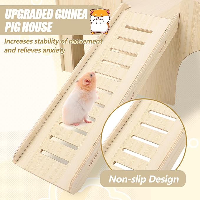 Large Guinea Pig Hideout,14.96 X 9.45 X 7.09in Wooden Hamster House with Stair Stable Guinea Pig House for Squirrel Hamster Small Animal