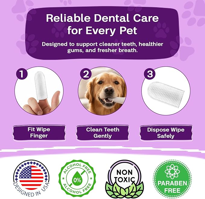 Dog & Cat Dental Wipes - Finger Toothbrush for Plaque, Tartar & Breath | Dental wipes help remove plaque, tartar & bad breath for dogs, cats & small pets, at-home oral care, 50 Wipes, Peanut Butter