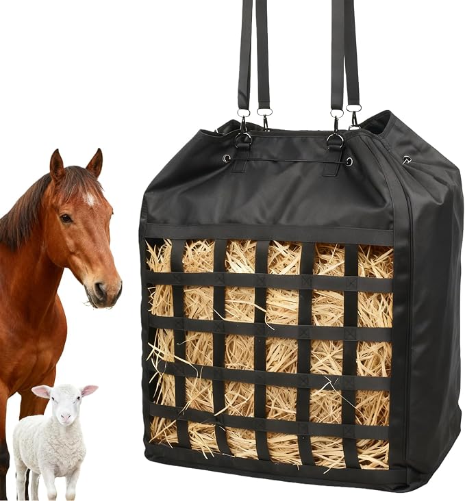 Extra-Large 25×21×9 in Slow-Slow Feed Hay Bag with Drawstring Closure & Rope-Head Pocket – Heavy-Duty Oxford Fabric Horse, Donkey & Goat Hay Feeder – Prevents Waste & Enhances Safety