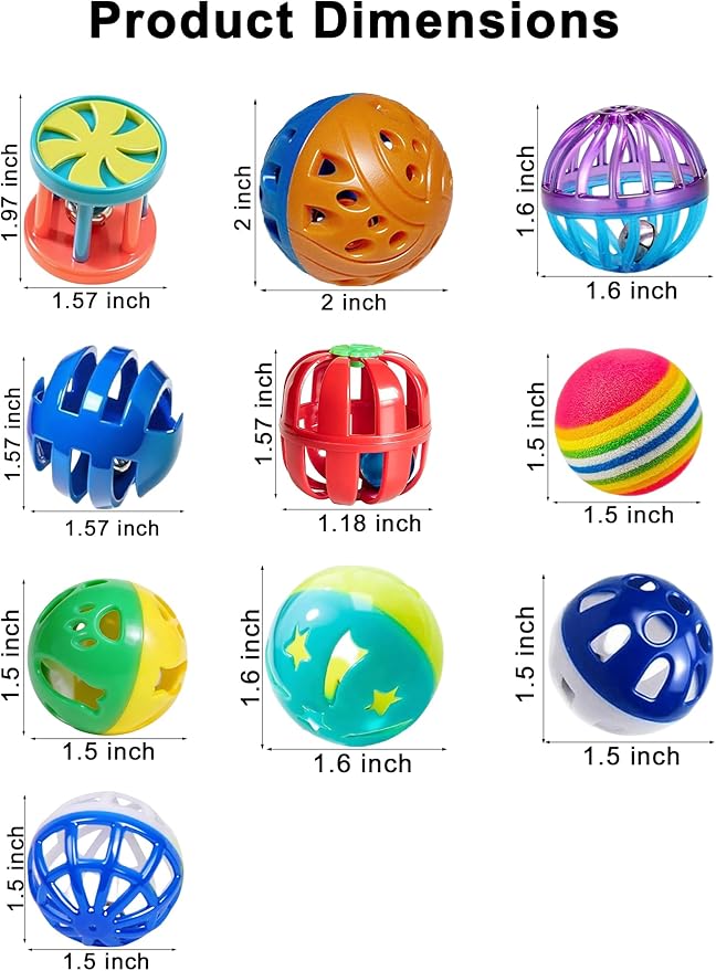 10-Pack Hamster Toys with Bell, Colorful Balls for Pet Hamsters, Scurry Back and Forth (1.5'' - 2.2'')