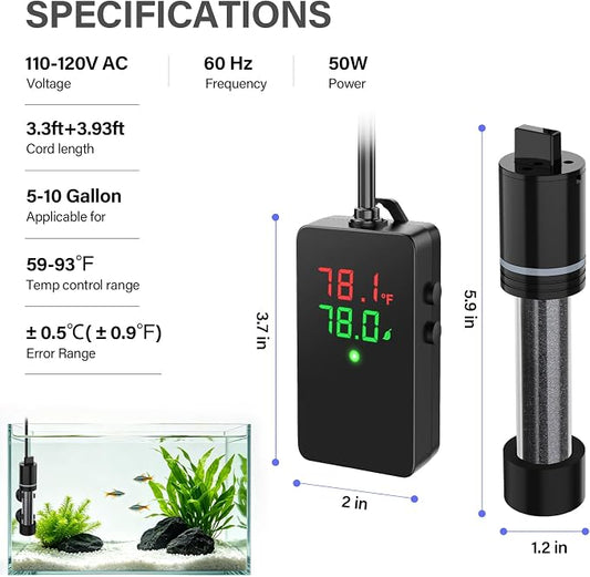 hygger ECO Precise 50W Aquarium Heater Submersible, for 5-10 Gallon Fish Tank, ±0.5℃ Dual Probe Controller, Overheat & Dry-Run Protection for Freshwater & Saltwater