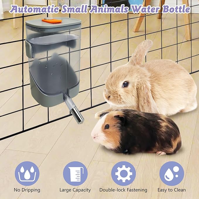 24oz Automatic Rabbit Water Dispenser for Cage Hanging Guinea Pig Water Bottle No Drip Bunny Water Feeder for Ferret Rat Hamster Chinchilla and Other Small Animals (Gray)