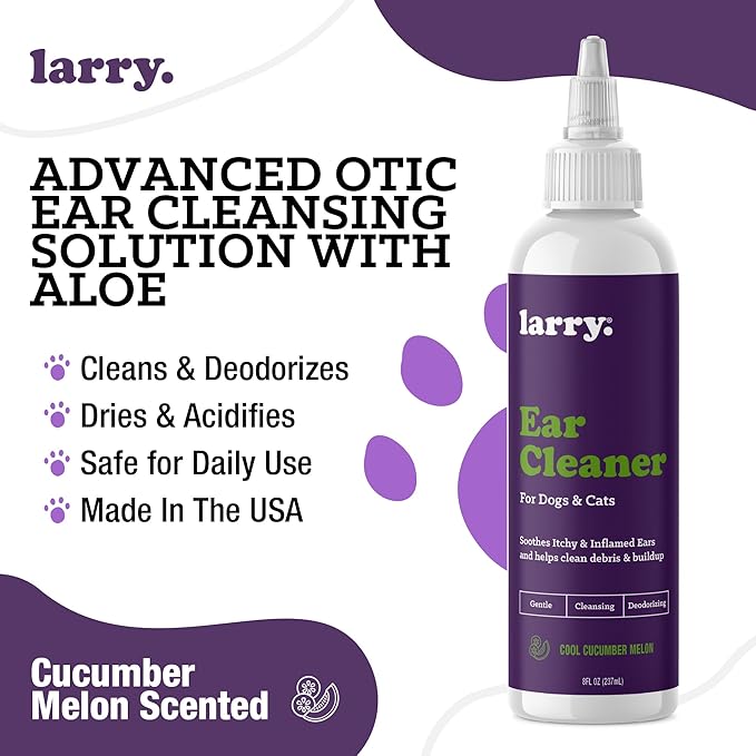 Larry Dog Ear Cleaner Solution & Cat Ear Cleaner for Dogs and Cats - Vet-Recommended Gentle Wash for Pet Ears -Cleans, Dries & Deodorizes - Cucumber Melon - 8 fl oz