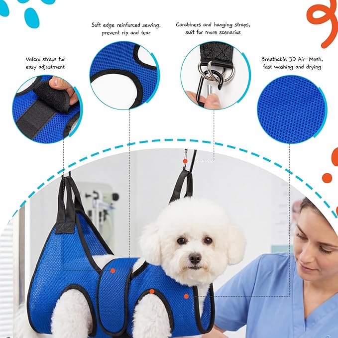 Dog Grooming Hammock Harness, Hanging Sling Restraint for Nail Clipping Small to Medium Dogs & Cats, with Nail Clipper and Comb Pet Grooming Hammock Kit-Small