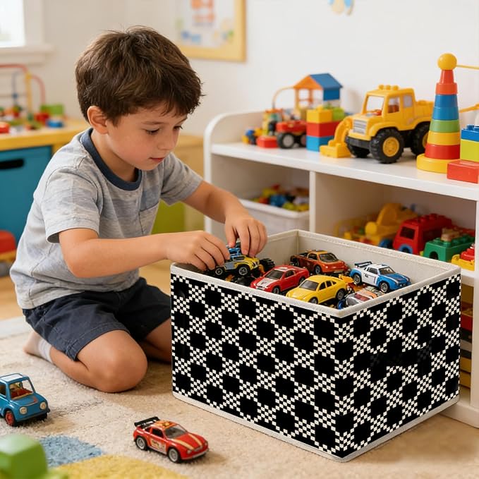 Black and White Plaid Storage Bins, Abstract Mosaic Checkered Foldable Closet Organizers Storage Basket Toybox for Clothes Bed Sheets Blankets Toys