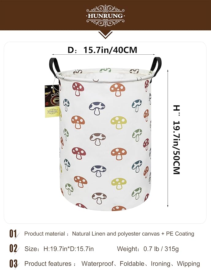 Collapsible Fabric Storage Basket, Waterproof Laundry Hamper with Handles, Round Storage Bin for Clothes Toys, Foldable Organizer for Bedroom Nursery Bathroom(Round-Color Mushroom)