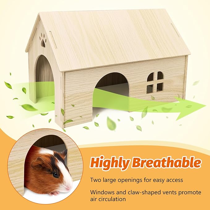 Fhiny Wooden Guinea Pig Hideout, 15.2 x 9.1 x 9.8 inch Large Guinea Pig House with Entrances and Windows Detachable Small Animal House for Bunnies Dwarf Rabbits Chinchillas Hedgehogs to Rest and Hide