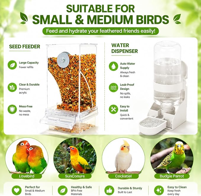 Rypet No Mess Bird Water Feeder Dispenser Set Automatic Bird Feeder Transparent Food Container Cage Acrylic Parrot Feeders Accessories for Small Birds Parrot Cockatoo Canary