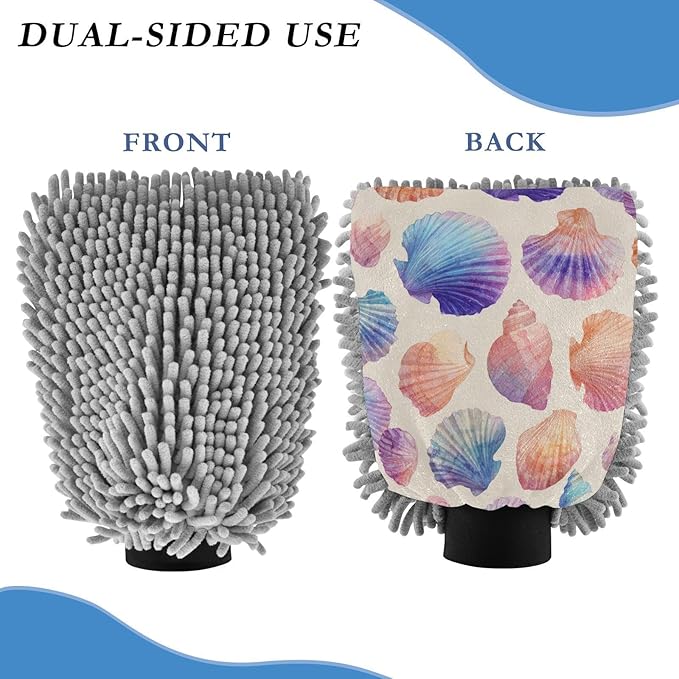 Car Wash Mitt Microfiber Wash Mitts for Car Washing Scratch-Free Cleaning Gloves Soft Non Absorbent Chenille Auto Hand Mitt Large 2Pack Beach Seashells