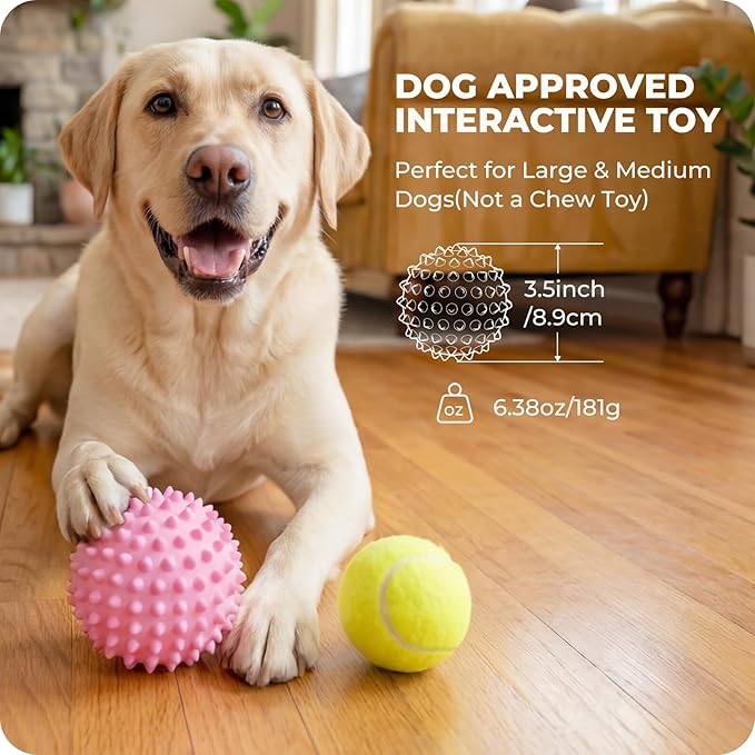 Apasiri 3.5" Durable Squeaky Dog Ball Toy for Puppy Medium Large Dogs(25-80 lbs): Bacon Flavored Pink Spiky Rubber Bouncing Floating Balls for Dogs, Tough Large Outdoor Dog Water Fetch Toys, Dog Gifts