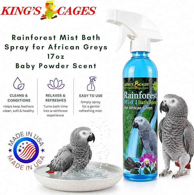 Kings Cages Rainforest Mist Feather Bath Spray for African Greys and Amazons 17oz Baby Powder Scent Condition Plumage Relieves Dry Itchy Skin Helps Prevent Feather Plucking