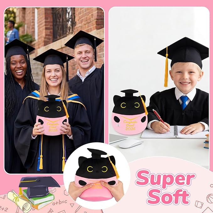 Graduation Black Cat Plush, 8 Inch Graduation Plush with Diploma Tassel Hat, Class of 2026 Graduation Stuffed Animal for Kids & Firends, High School College Kindergarten Graduation Gifts