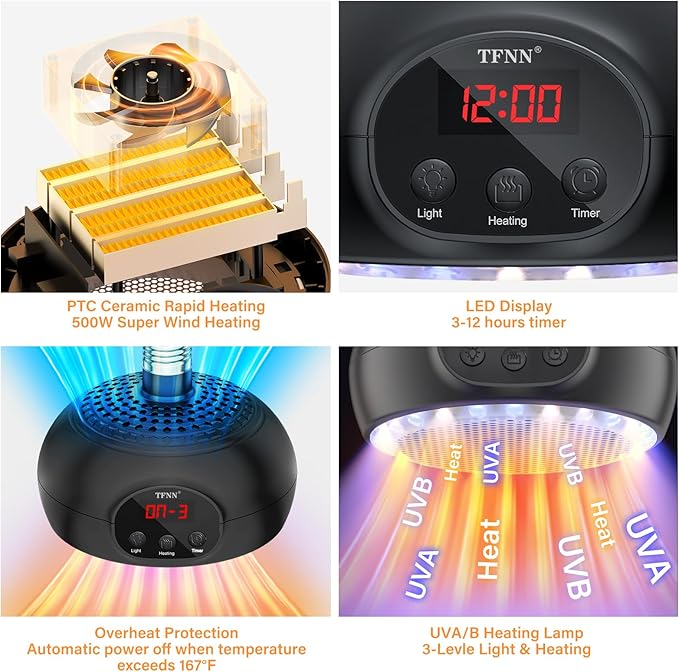 Chicken Coop Heater Lamps,200W-350W-500W Reptile Heating Lamp Upgraded with UVA UVB Ligh 3-6-9-12H Timer,Protable Greenhouse Heater for Outdoor Chicken Coop for Reptile Rabbits Dog Cats (5.2 Inch)