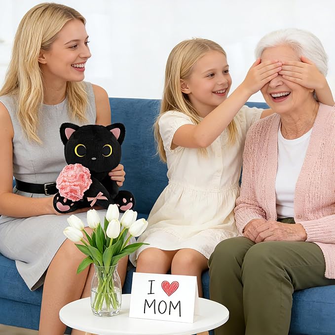 Black Cat Plush Holding Crochet Flower - 8" Kawaii Stuffed Cat with Handmade Pink Carnation, Soft Cute Plush Toy for Mom, Mother's Day & Birthday Gift, Stuffed Animals for Girls