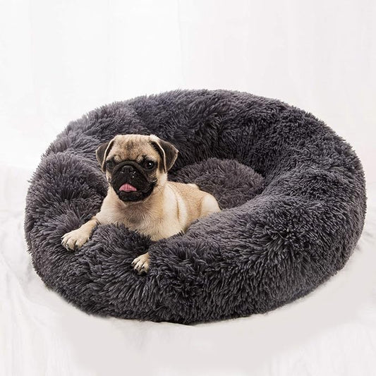 Faux Fur Dog Bed Cat Bed,Shag Round Anti-Anxiety Pet Calming Bed Doughnut Cuddler for Medium Large Puppy Dog Cat Kennel Cushion Self Warming Bed (28'' D x 8'' H, Dark Grey)