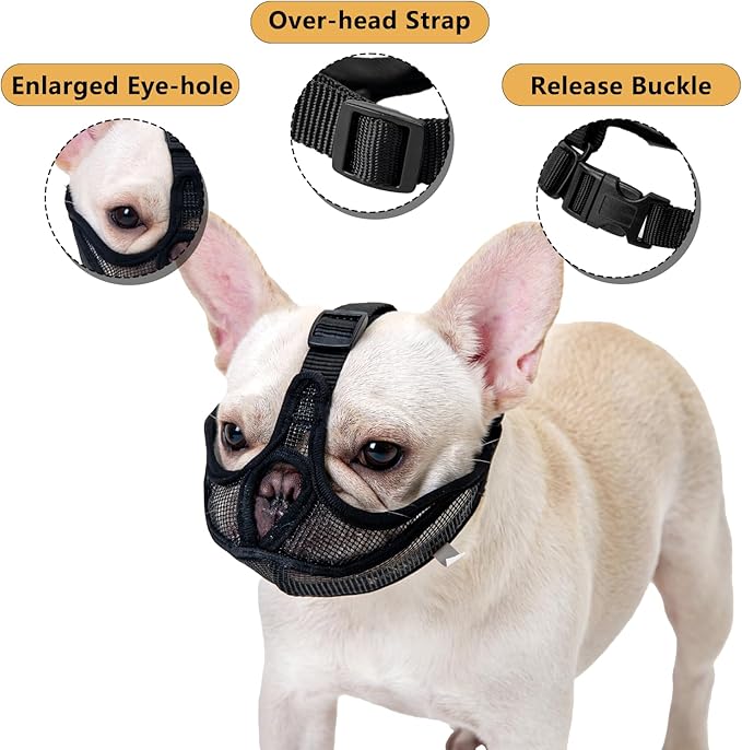 OHCOZZY Short Snout Dog Muzzle, Won’t Cover Forehead Bulldog Muzzle Adjustable Breathe Mesh, Anti Bitting Chewing Barking（S,Black）