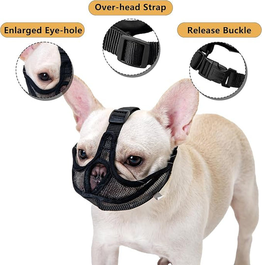 OHCOZZY Short Snout Dog Muzzle, Soft Breathable Mesh Bulldog Muzzle Won’t Cover Eyes, Prevent Biting Licking for Dogs(L,Green)
