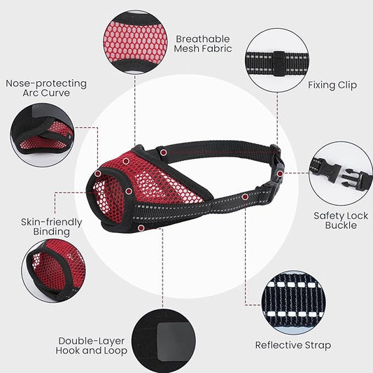 2 Pack Dog Muzzle,Mesh Soft Muzzle for Small Medium Large Sized Dog, Anti Barking Biting, Breathable Adjustable Drinkable，Mouth Cover for Grooming Training（Red, L