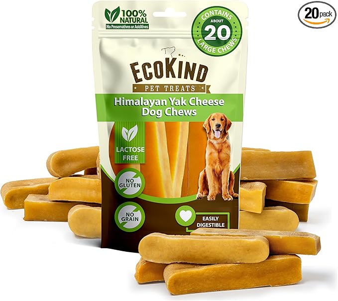Ecokind Himalayan Chews, Healthy Treats, Odorless, Rawhide Free, Long Lasting Dog Bones for Aggressive Chewers, Indoors & Outdoor Use, Made in The Himalayas, Large (Pack of 20).