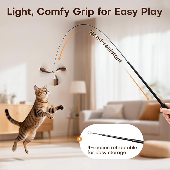 Potaroma Carbon Fiber Cat Wand Toy – Lightweight, Retractable Feather Teaser Stick with 9 Detachable Feathers, Bells & Multi-Attachment Kit for Indoor Kittens – Durable, Interactive Fun