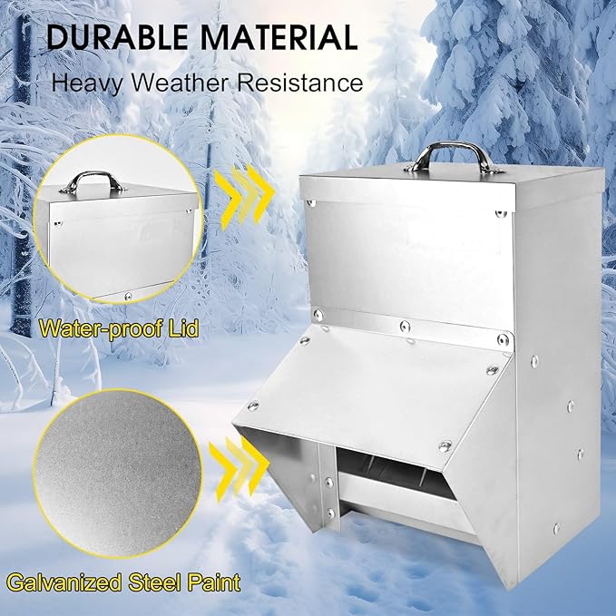 shengyi 11.5-55lbs Galvanized Chicken Feeder - Rat Proof Poultry Feeder with Lid Weatherproof Outdoor Coop Food Dispenser (25lbs 12.9x8.3x18.9in)