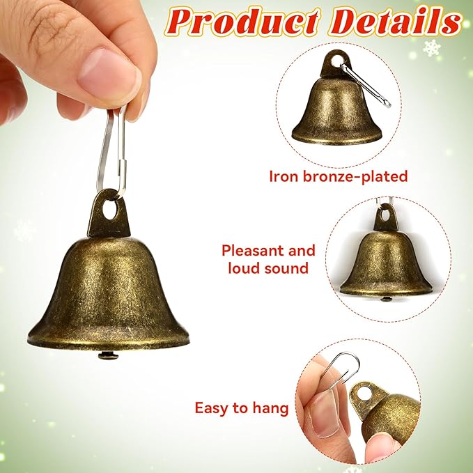 Craft Bells, 24 PCS Bronze Jingle Vintage Bells (1.7" X 1.5") with Spring Hooks, Small Brass Bell for Dog Potty Training Doorbell Wedding Decor DIY Favor Crafts Christmas Tree