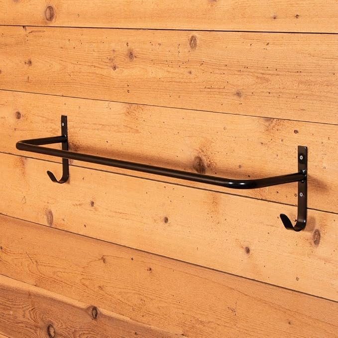 EASY-UP Horsewear Bar with Tack Hangers | Heavy-Duty Horse Blanket Rack | 34.25" Bar with Hooks for Halters & Leads | Mounts Easily to Stall Fronts | Ideal for Barn & Tack Room Use | Color Black