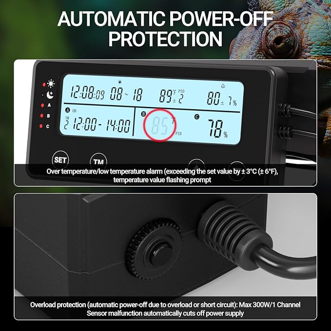 Reptile Temperature Controller with Timer, PID Reptile Digital Thermostat, 3-Channel Thermometer Hygrometer w/Memory, 2 IN 1 Day Night Temperature Humidity Gauge for Heat Lamp Bulb Humidifier