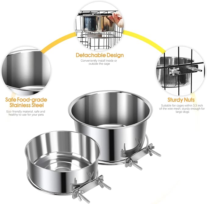 3 Pcs Large Pet Dog Food Water Bowl for Cage Stainless Steel Kennel Hanging Cats Pets Bowls with Clamp Holder Crate Feeder Dish for Medium Large Dogs (7.1x3.5'' & 6.3x2.6'' & 5.5x3.1'')