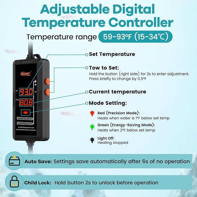 hygger Aquarium Heater, 300W/500W/800W/1000W Submersible Fish Tank Heater with Temperature Controller, Over-Temperature Off-Water Protection Alarm for Saltwater Freshwater (800W, 80-200 Gallon)