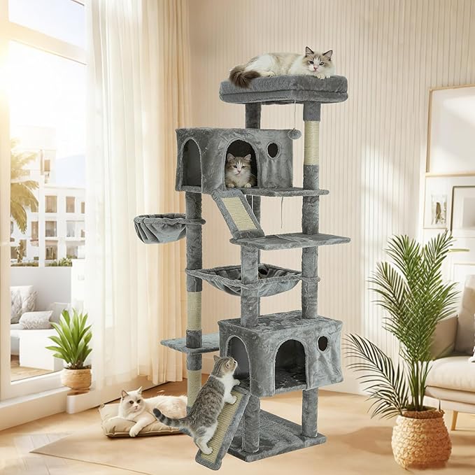 68.9-inch (175cm) Multi-Level Cat Tree with 2 Scratching Boards, 2 Plush Beds, Hammock & Toy Ball for Indoor Cats(Grey)