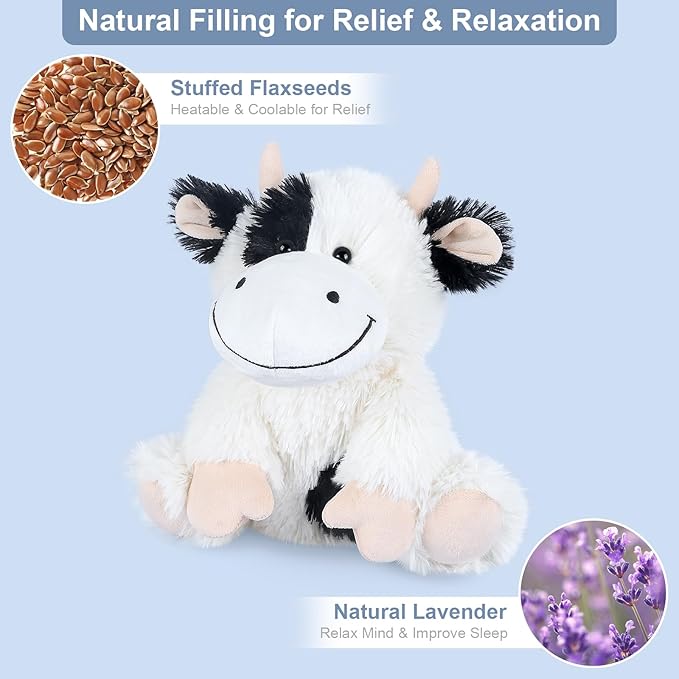 SuzziPals Heatable & Coolable Cow Stuffed Animal, Heated Stuffed Animals Heating Pad for Soothing & Relaxation, Lavender Scent Cow Plush for Stress Discomfort, Cows Gift for Kid & Aldult, Dairy Cattle
