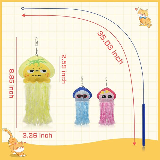 Andiker Cat Wand Toy, 35 Inches Flexible Cat Stick with Cute Jellyfish Cat Wand Replacement Cat Teaser Toy Sturdy Interactive Cat Toy for Indoor Cats to Chase Pounce Entertain (Blue)