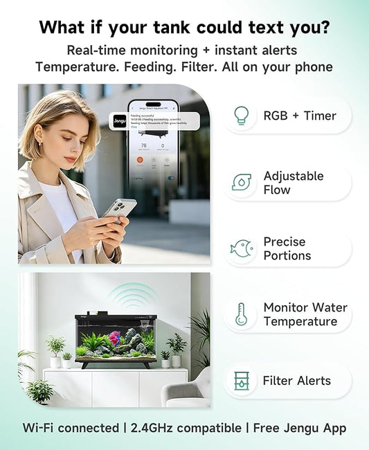 M1 5 Gallon Aquarium Starter Kit, App Control Smart Fish Tank with Filter, Auto Feeder, Quiet Pump, Timer Light, Temp Display, Crystal-Clear Glass Desktop Betta Tank for Guppy Shrimp, Black