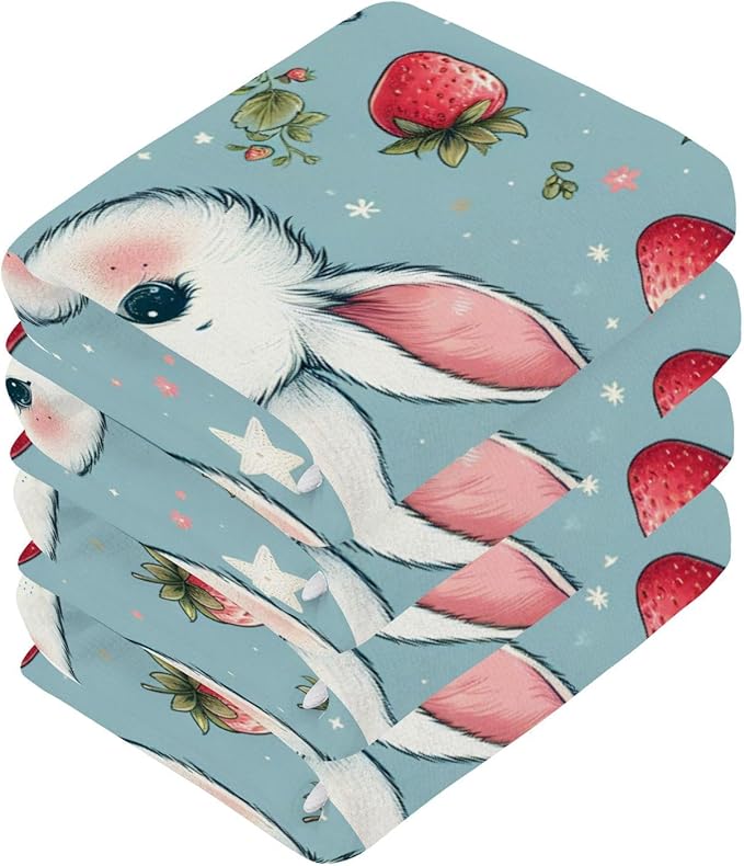 Qilmy Rabbit with Strawberry Washcloths 2 Pack, 12x12 Inch Cotton Wash Cloths - Highly Absorbent Face Towels for Bathroom, Washing, Gym, and Spa