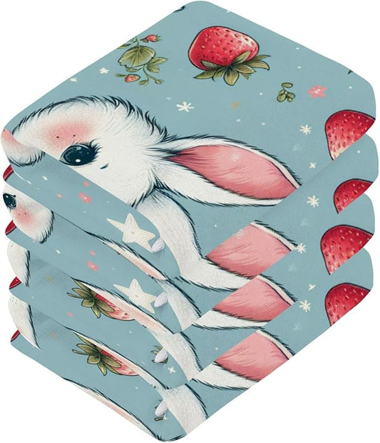 Qilmy Rabbit with Strawberry Washcloths 2 Pack, 12x12 Inch Cotton Wash Cloths - Highly Absorbent Face Towels for Bathroom, Washing, Gym, and Spa