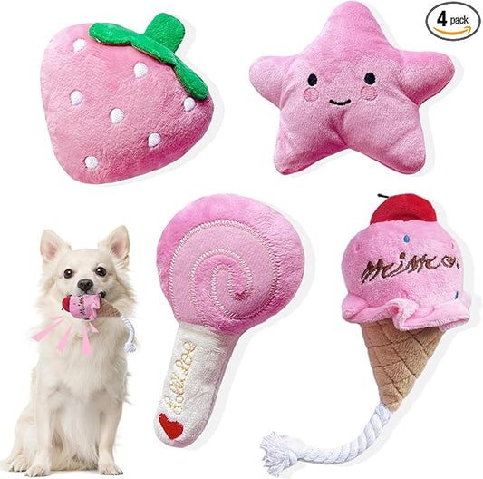 Small Dog Toys, 4 Pack Pink Dog Squeak Toys, Puppy Toys for Small Dogs, Durable Plush Dog Toy Set, Soft Dog Chew Toys for Puppies & Small Dogs, Dog Stuffed Toys Gift Pack
