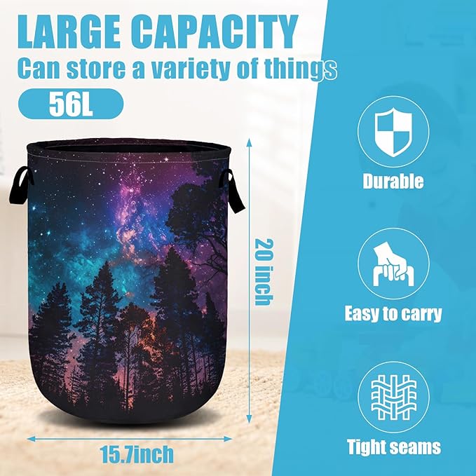 Purple Galaxy Forest Laundry Basket, Laundry Hamper Collapsible Oxford Cloth with Handle Clothes Storage Bin for Bathroom Laundry Room Bedroom 15.7 X 20 Inch