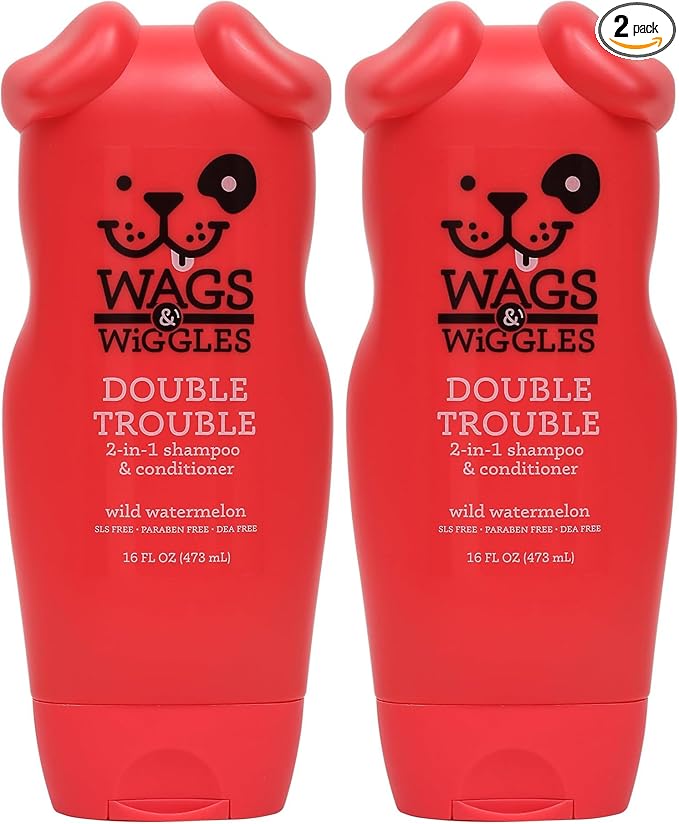 Wags & Wiggles Double Trouble 2-in-1 Dog Shampoo & Conditioner | Cleansing and Nourishing Shampoo and Conditioner for Dogs | Fruity Watermelon Scent, 16 Ounces (Pack of 2)
