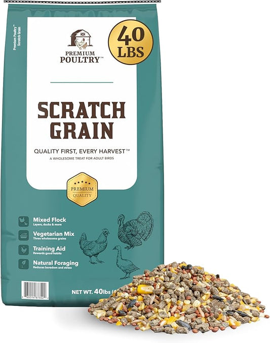 Chicken Scratch Grain for Chickens, Ducks & Turkeys, Natural 3-Grain Scratch Feed Treat, Made in USA, Foraging & Energy Support, 40 lbs