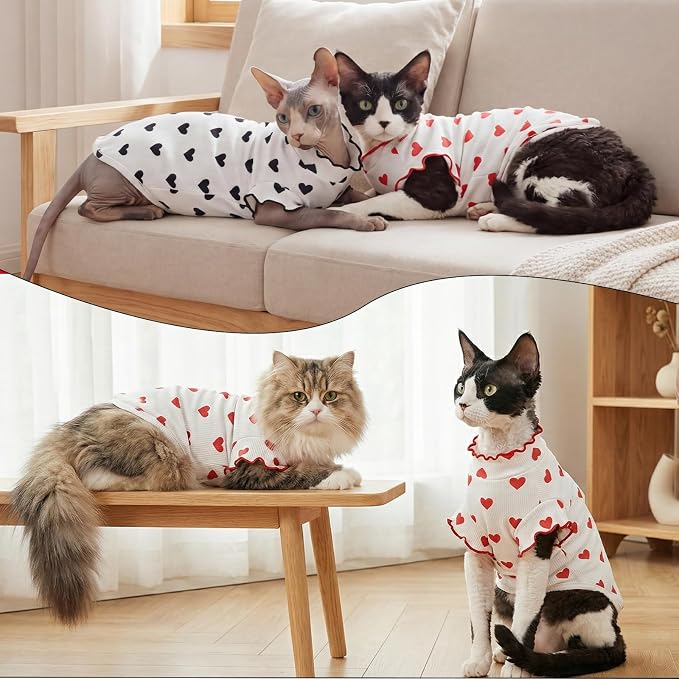 DENTRUN Heart Pattern Sphynx Hairless Cats Shirt, Kitten T-Shirts with Perlin Sleeves, Breathable Cat Wear Cute Sweater Adorable Hairless Cat's Clothes Vest Pajamas Jumpsuit