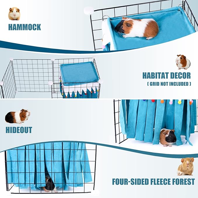 Guinea Pig Hideout - Guinea Pig Corner Hideout, Four-Sided Fringes, Square Top and Washable Hides, Ideal Hides for Small Pets, No Metal Fences, Blue