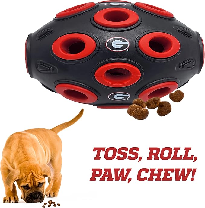 Pets First NCAA Georgia Bulldogs Football Treat Dispensing Toy for Dogs and Cats, Rubber Ball Dog Feeding Toy