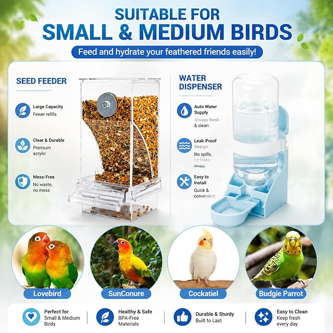 Rypet No Mess Bird Water Feeder Dispenser Set Automatic Bird Feeder Transparent Food Container Cage Acrylic Parrot Feeders Accessories for Small Birds Parrot Cockatoo Canary