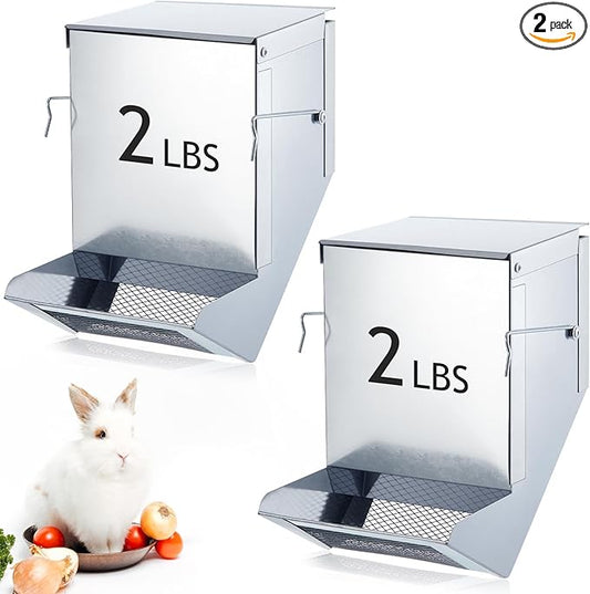 Maxcheck 2 Pcs Rabbit Feeder for Cages Small Animal Food Pellet Dispenser with Lid Metal Chicken Grit Oyster Shell Squirrel Feeders Outside(4.7 Inches,Mesh Bottom,Silver)