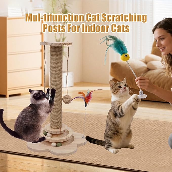 4 inch Wider Design for Large Cats Providing Greater Stability,4-in-1 Wooden Cat Scratcher Toy,Scratching Post&2-Level Track Tower with 8 Balls&2 Sisal Ball&2 Cat Wand Toy(15.8" L x 15.8" W x 19" H)