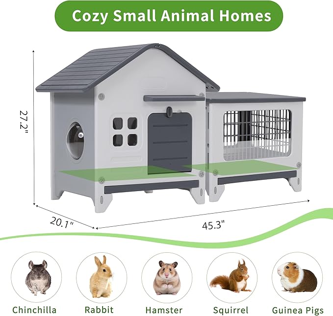 Rockever Plastic Rabbit Cage Outdoor Indoor, Waterproof Rabbit Hutch-Leak-Proof Pull-Out Tray&Chew-Proof, Bunny Cage Guinea Pig Cages with Run, Easy-Clean & Ideal for Small Animal(Grey)