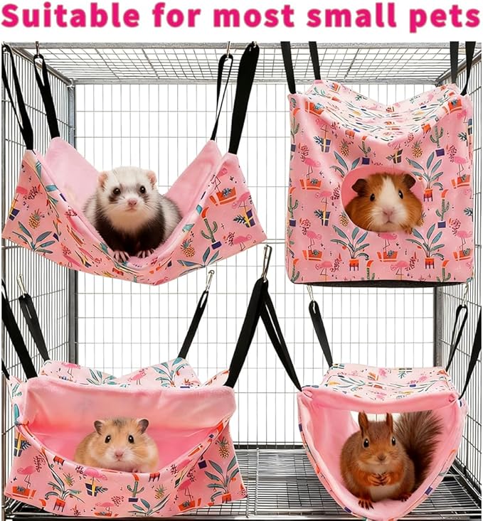 4 Pack Ferret Hammock, Soft Small Animal Washable Guinea Pig Hideout Bed Ferret Cage Accessories for Rat Sugar Glider Squirrel Guinea Pig Hedgehog Hamster (Pink)