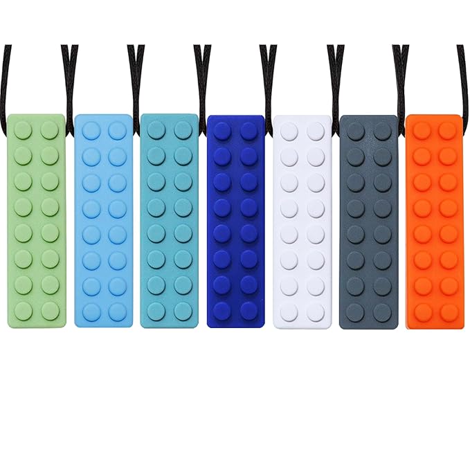Chewing Necklace for Kids Sensory, Blocks Sensory Necklace for Chewing Boys Girls with Autism, ADHD, Teething, Biting, Chewing Needs, Silicone Chewy Necklace Sensory for Reduce Anxiety -7 Pack