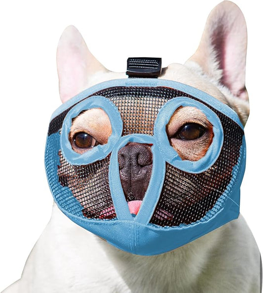 Short Snout Dog Muzzles- Adjustable Breathable Mesh Bulldog Muzzle for Biting Chewing Training Grooming Dog Mask,Blue M